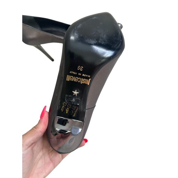 ROBERTO CAVALLI Just Cavalli Pewter Silver Leather Heels Size 9 / 39 - Picture 4 of 7